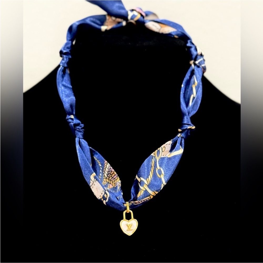 Blue Silk Scarf Necklace with Gold Charm